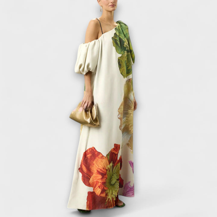 Skylar - Maxi Dress with Floral Print, Asymmetrical Neckline, and Puff Sleeves