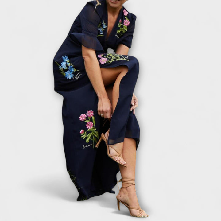 Beatrice - Elegant Navy Blue Dress with Floral Embroidery