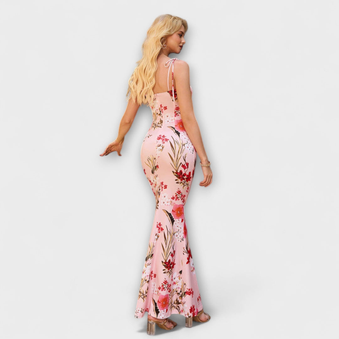 Thalia - Floral Print Prom Dress with Tied Shoulder Straps