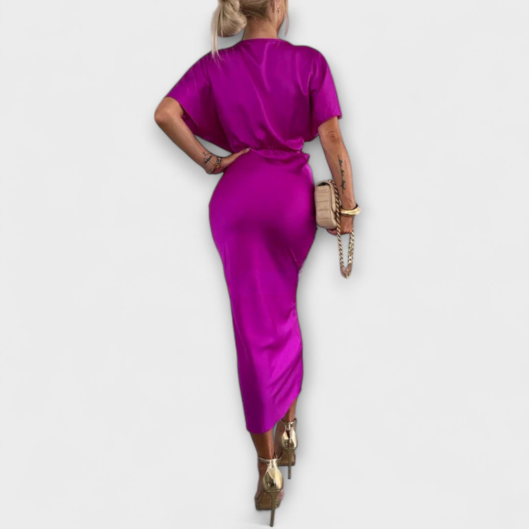 Sable - Solid Satin V-Neck Cross Knot Slim Fit Maxi Dress